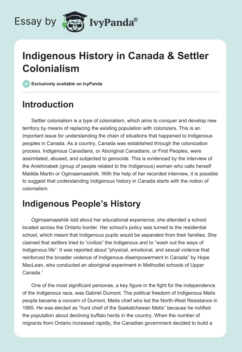 Indigenous History in Canada & Settler Colonialism. Page 1