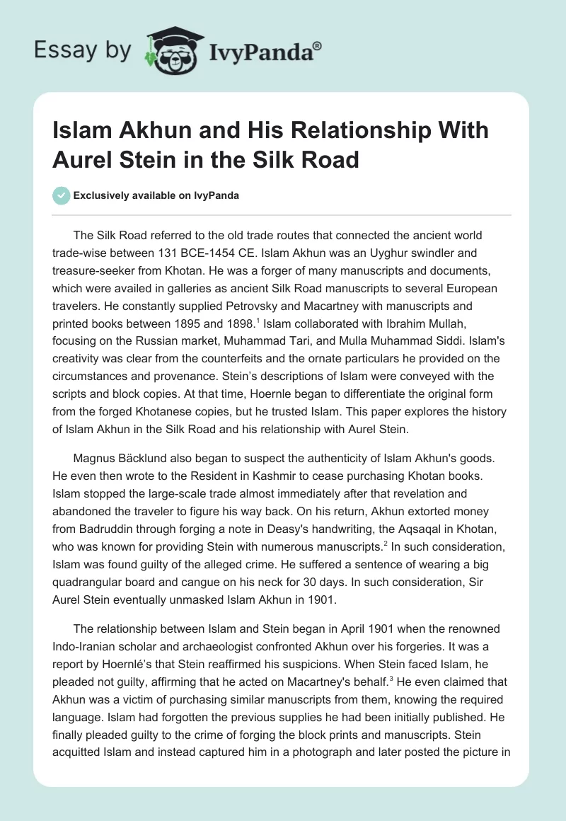 Islam Akhun and His Relationship With Aurel Stein in the Silk Road. Page 1