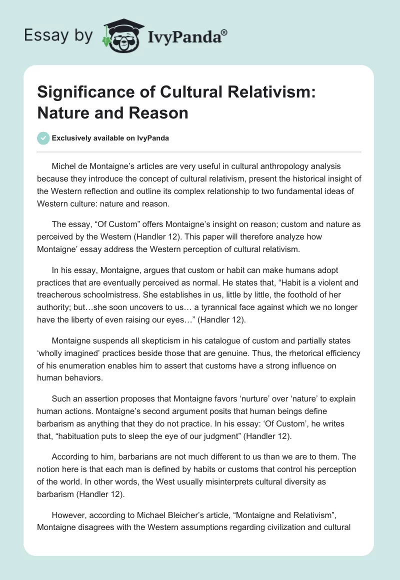 Significance of Cultural Relativism: Nature and Reason. Page 1