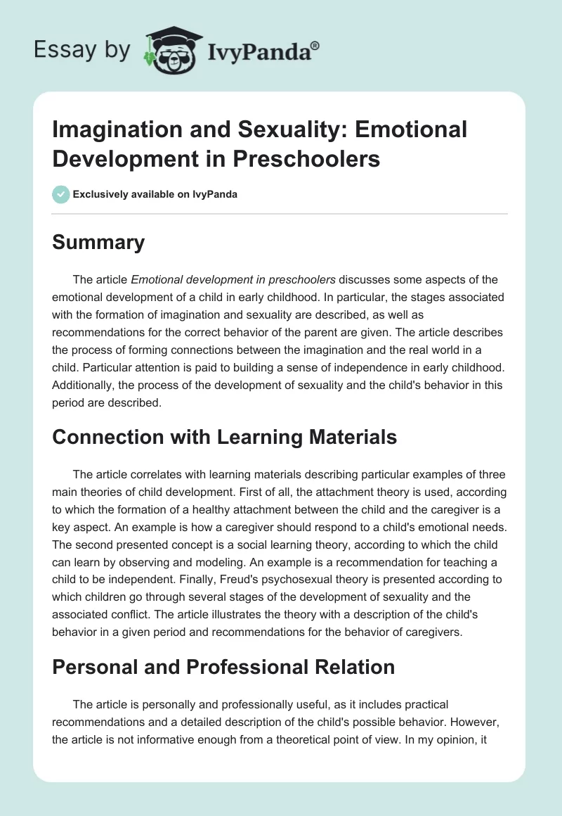 Imagination and Sexuality: Emotional Development in Preschoolers. Page 1