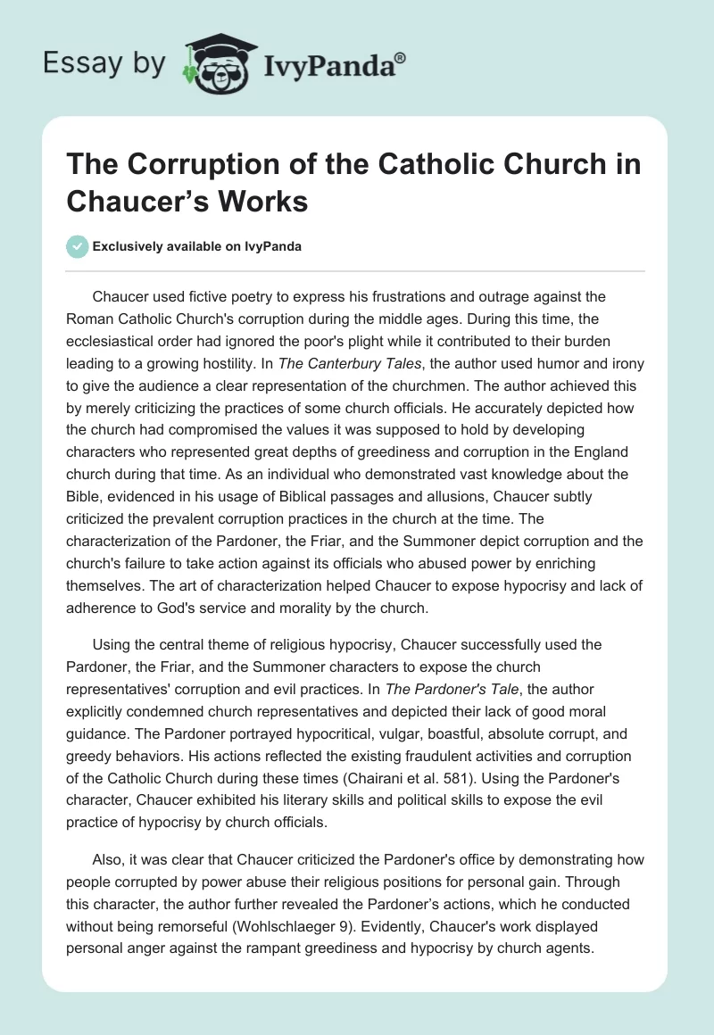 The Corruption of the Catholic Church in Chaucer’s Works. Page 1