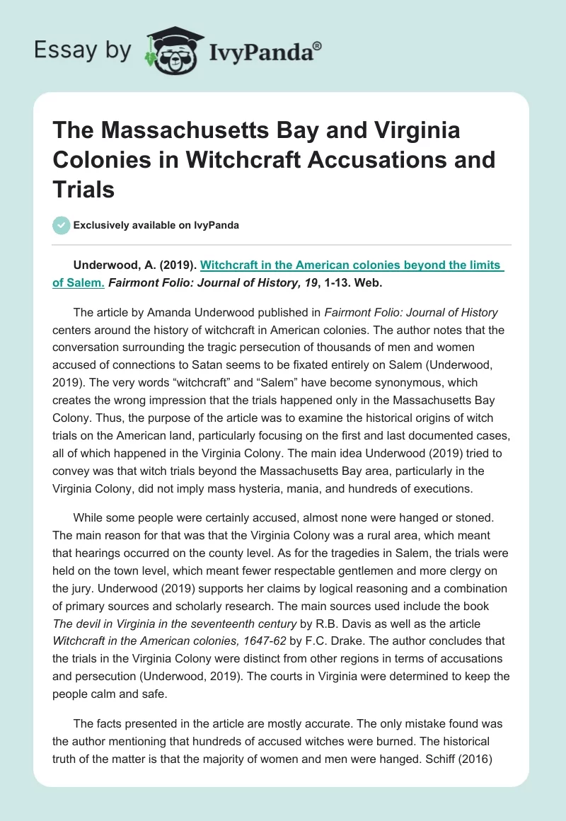The Massachusetts Bay and Virginia Colonies in Witchcraft Accusations and Trials. Page 1