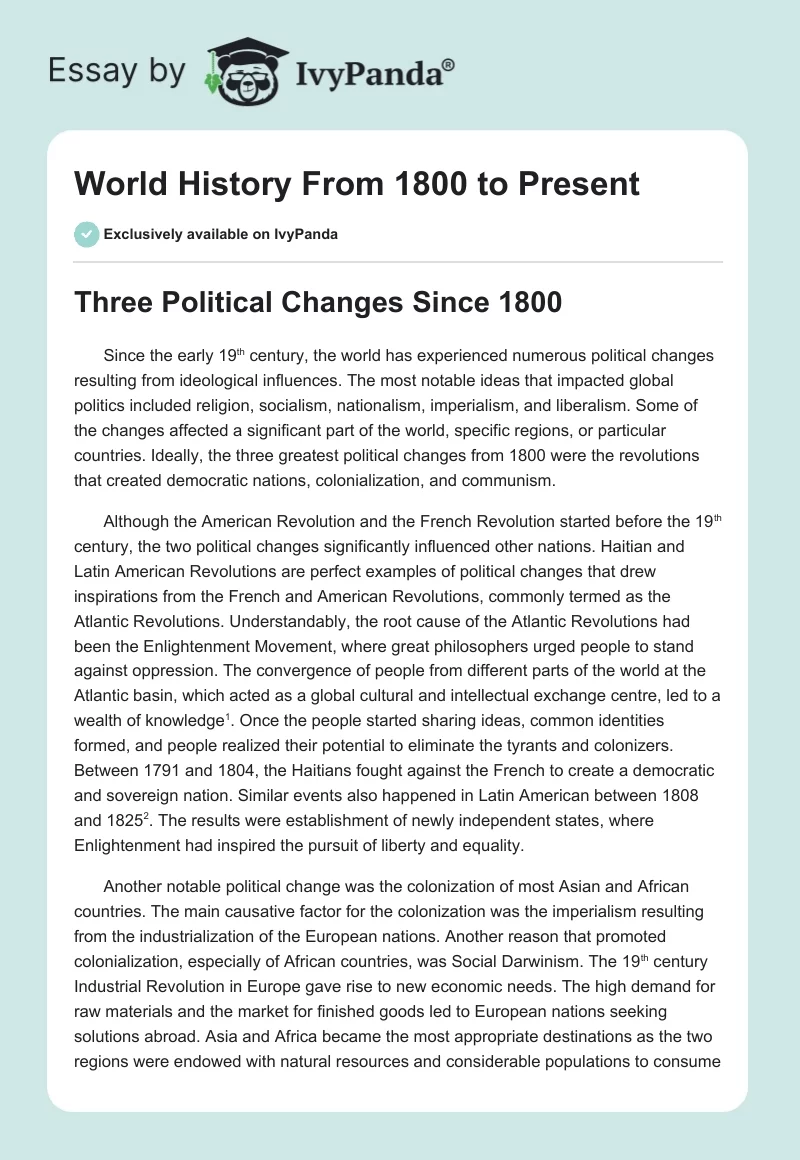 World History From 1800 to Present. Page 1