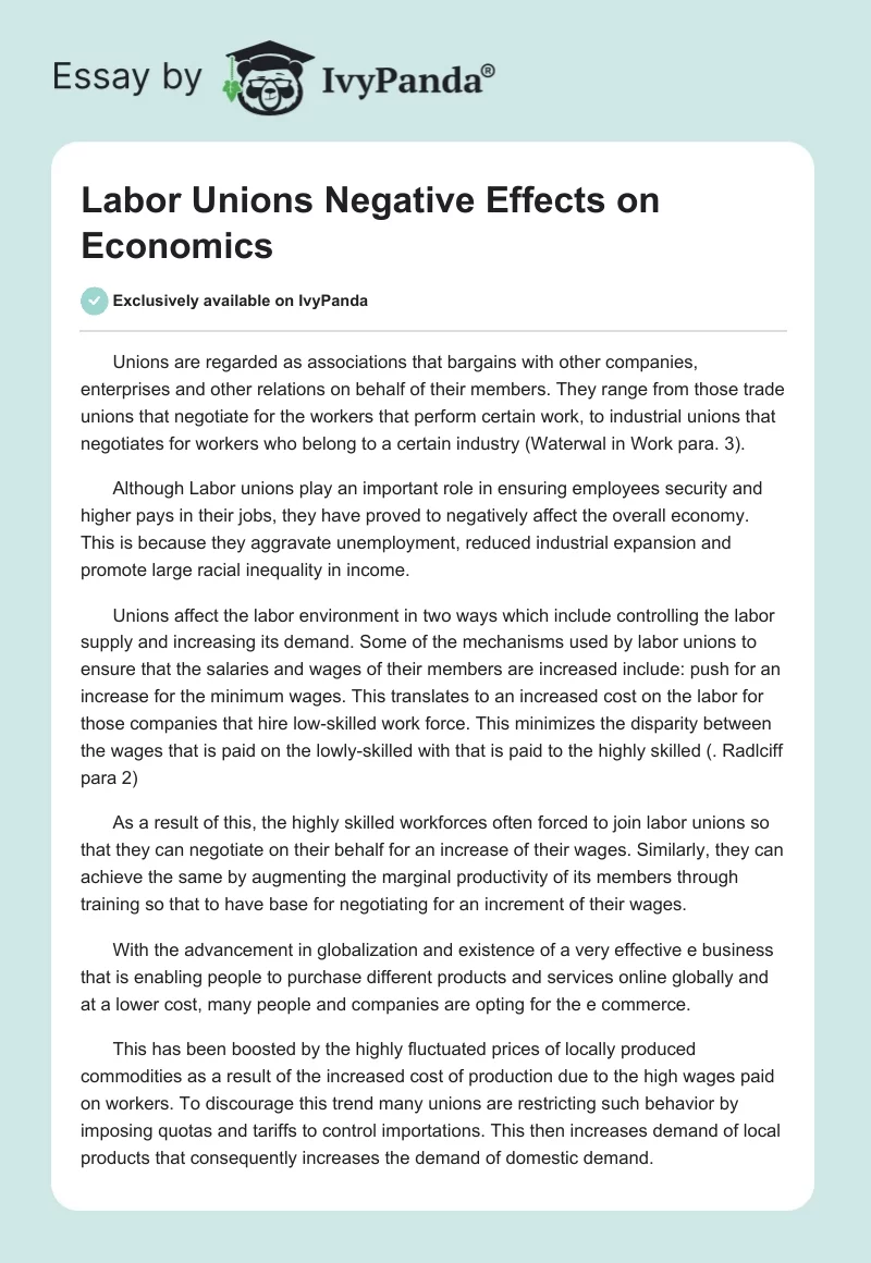 Labor Unions Negative Effects on Economics. Page 1