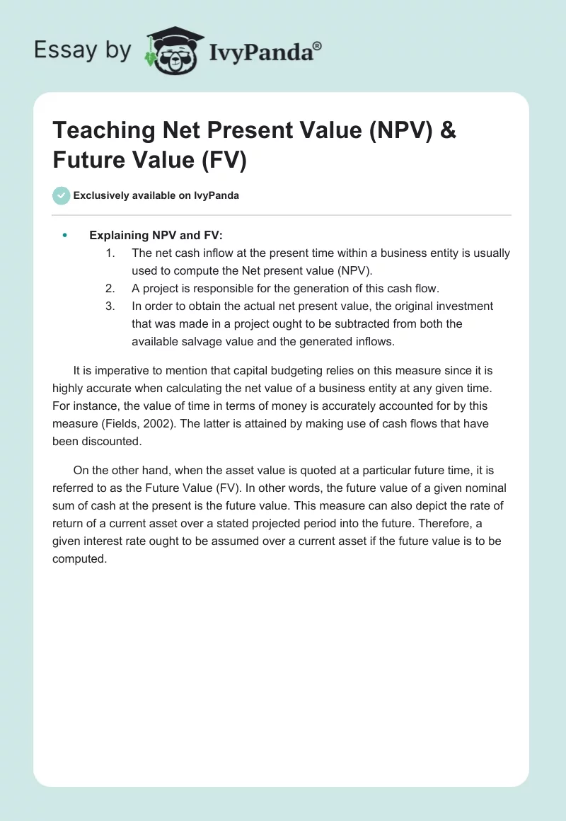 Teaching Net Present Value (NPV) & Future Value (FV). Page 1
