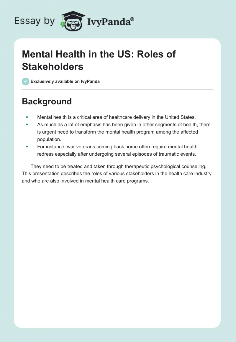 Mental Health in the US: Roles of Stakeholders. Page 1
