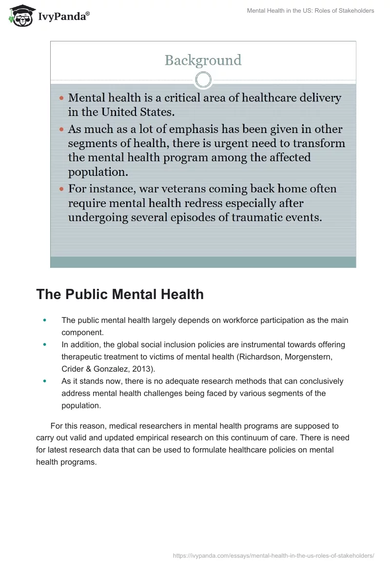Mental Health in the US: Roles of Stakeholders. Page 2
