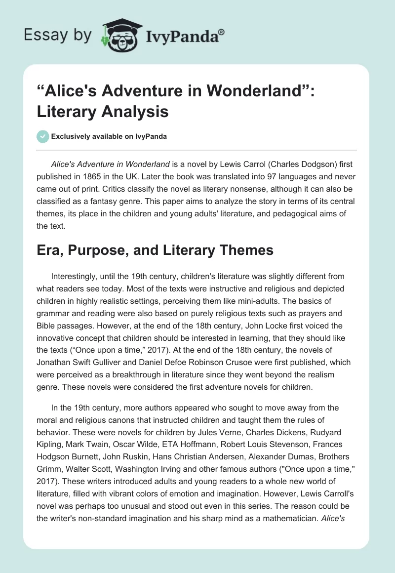 “Alice's Adventure in Wonderland”: Literary Analysis. Page 1