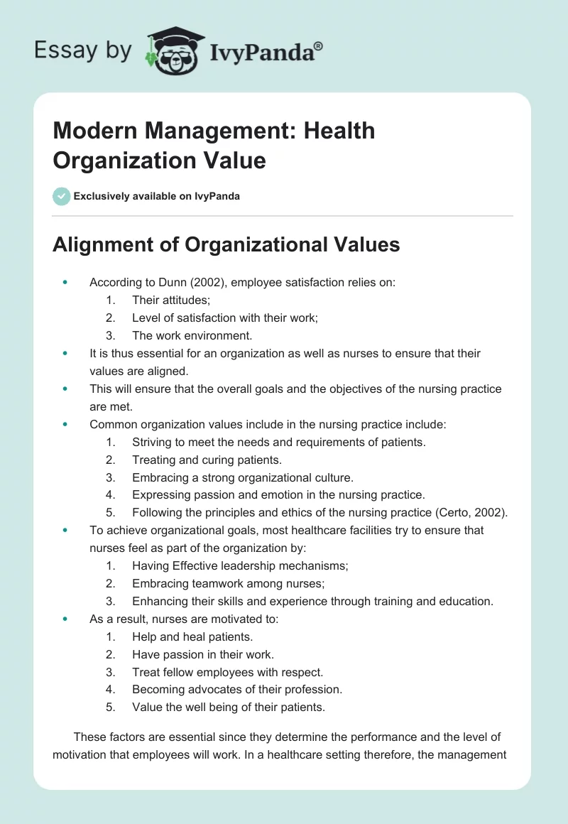 Modern Management: Health Organization Value. Page 1