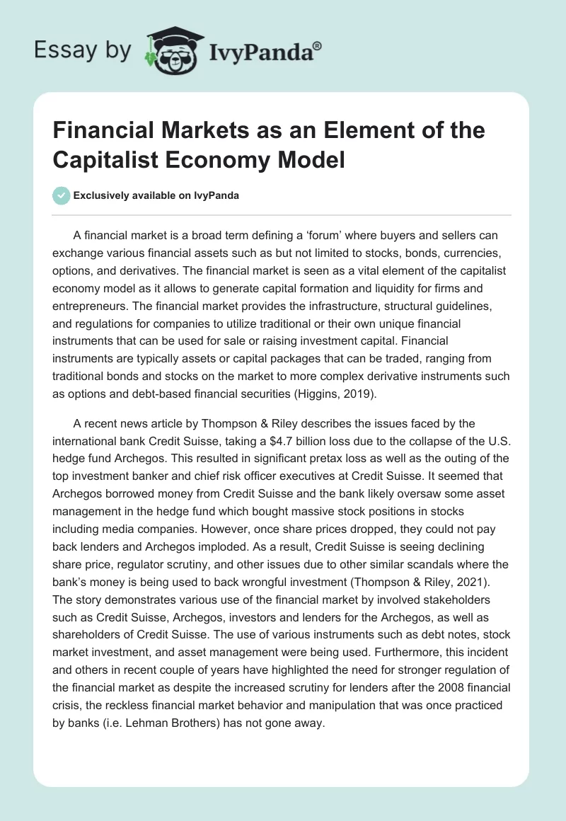 Financial Markets as an Element of the Capitalist Economy Model. Page 1