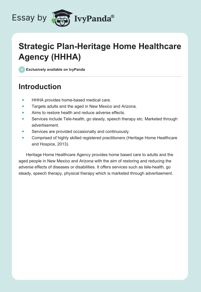 Strategic Plan-Heritage Home Healthcare Agency (HHHA). Page 1
