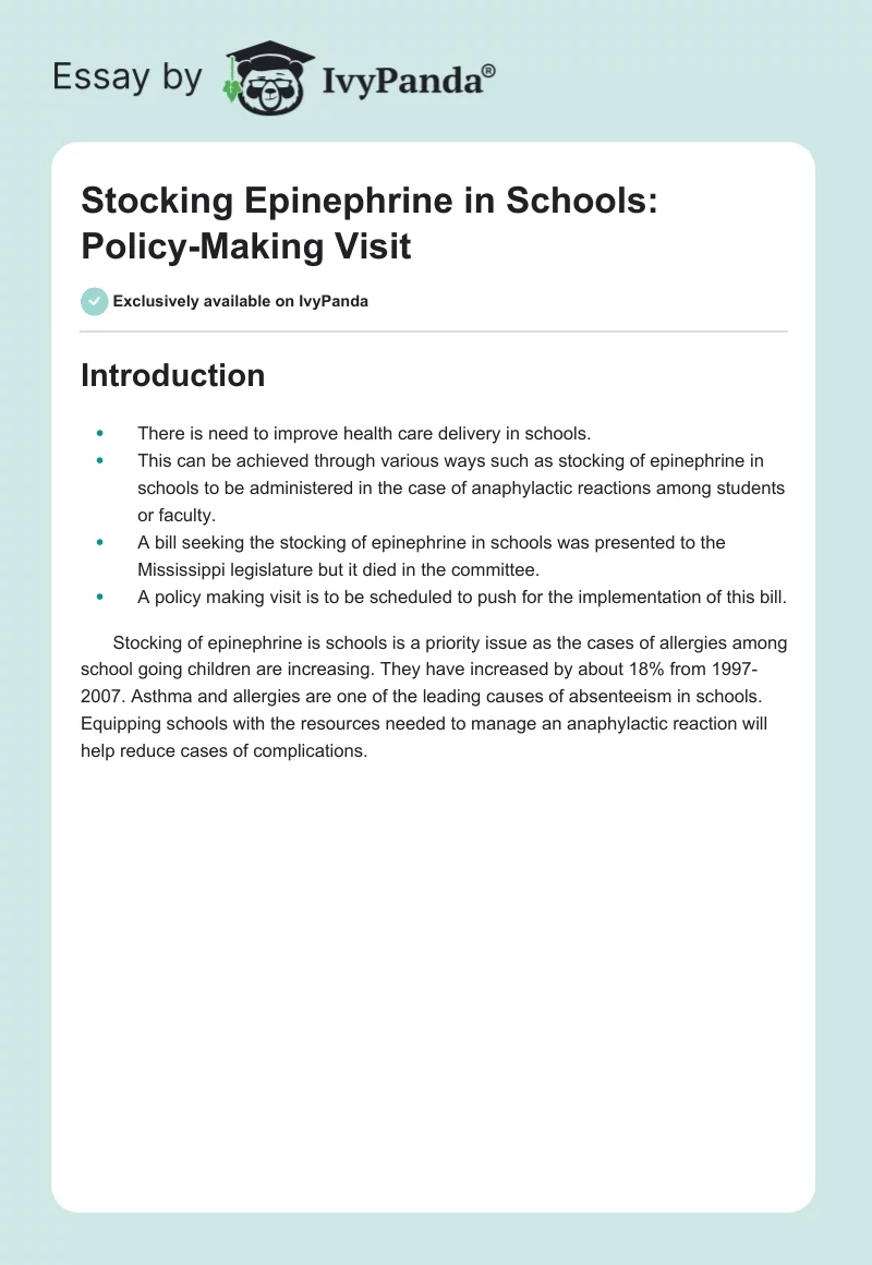 Stocking Epinephrine in Schools: Policy-Making Visit. Page 1