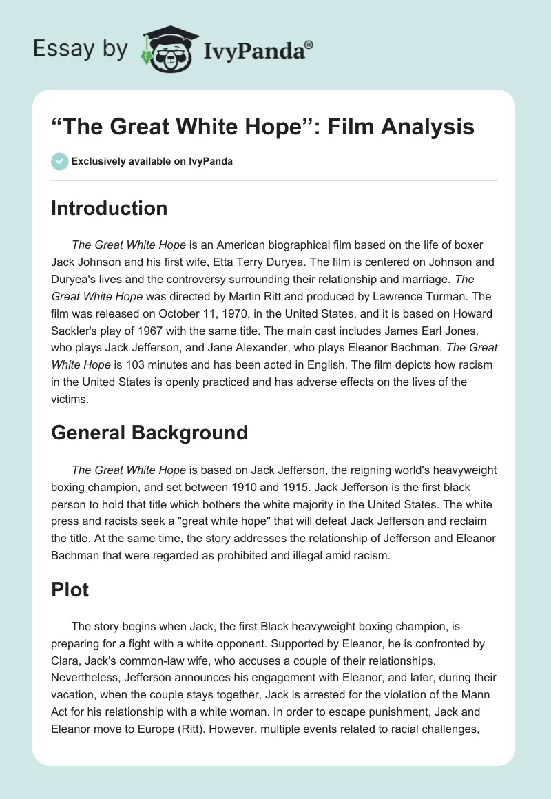 “The Great White Hope”: Film Analysis. Page 1