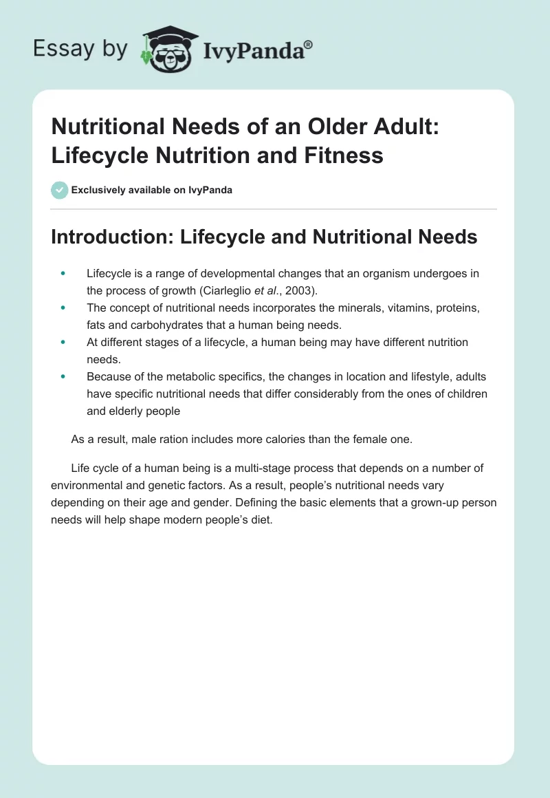Nutritional Needs of an Older Adult: Lifecycle Nutrition and Fitness. Page 1