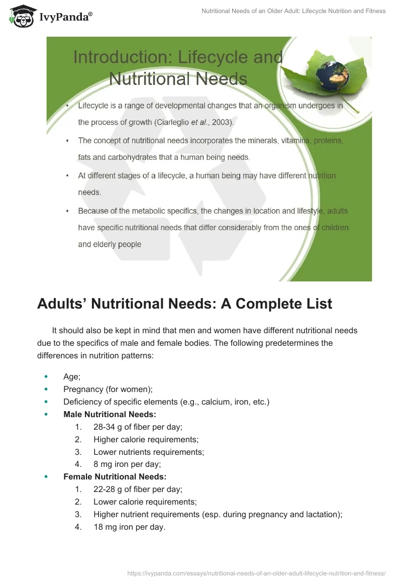 Nutritional Needs of an Older Adult: Lifecycle Nutrition and Fitness - 605  Words