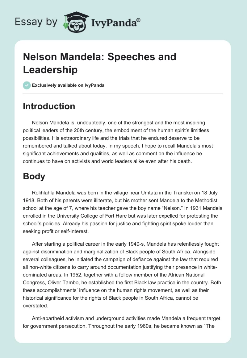 Nelson Mandela: Speeches and Leadership. Page 1
