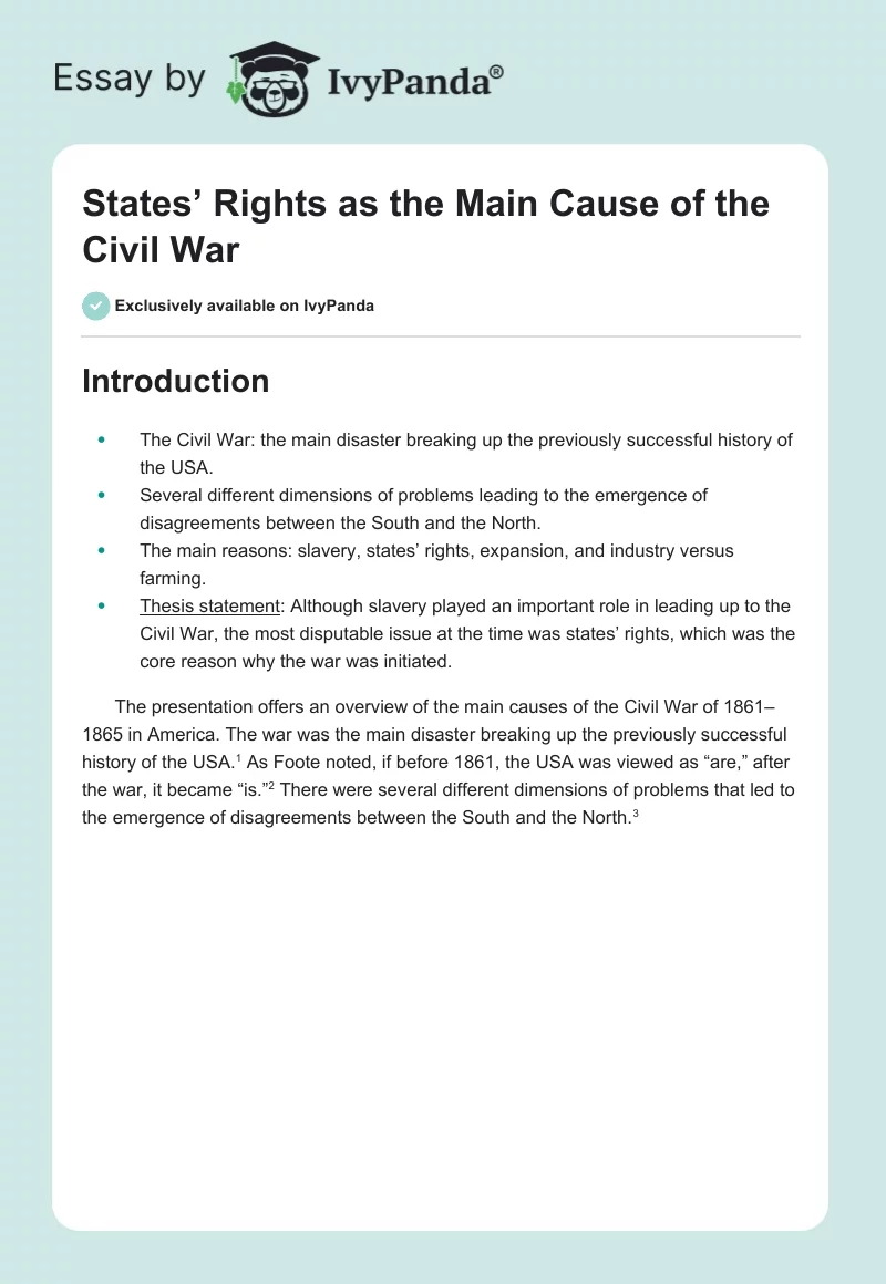 States’ Rights as the Main Cause of the Civil War. Page 1