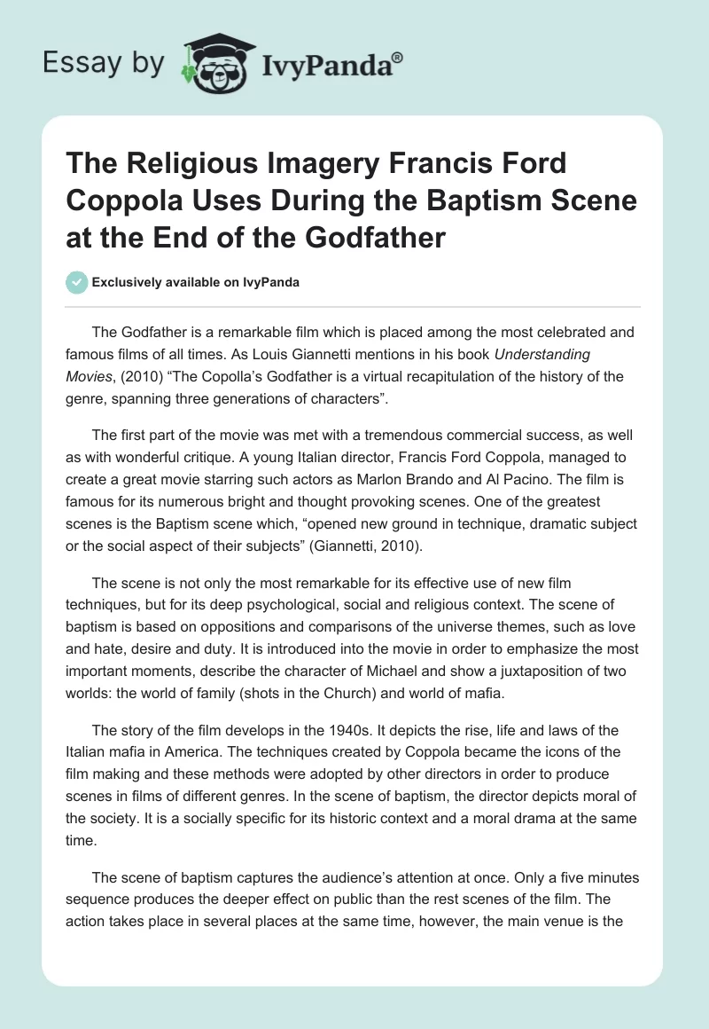 The Religious Imagery Francis Ford Coppola Uses During the Baptism Scene at the End of the Godfather. Page 1