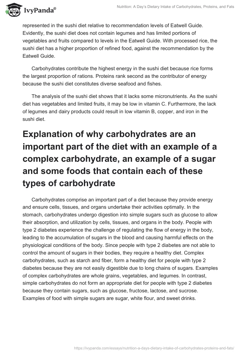 Nutrition: A Day’s Dietary Intake of Carbohydrates, Proteins, and Fats. Page 4