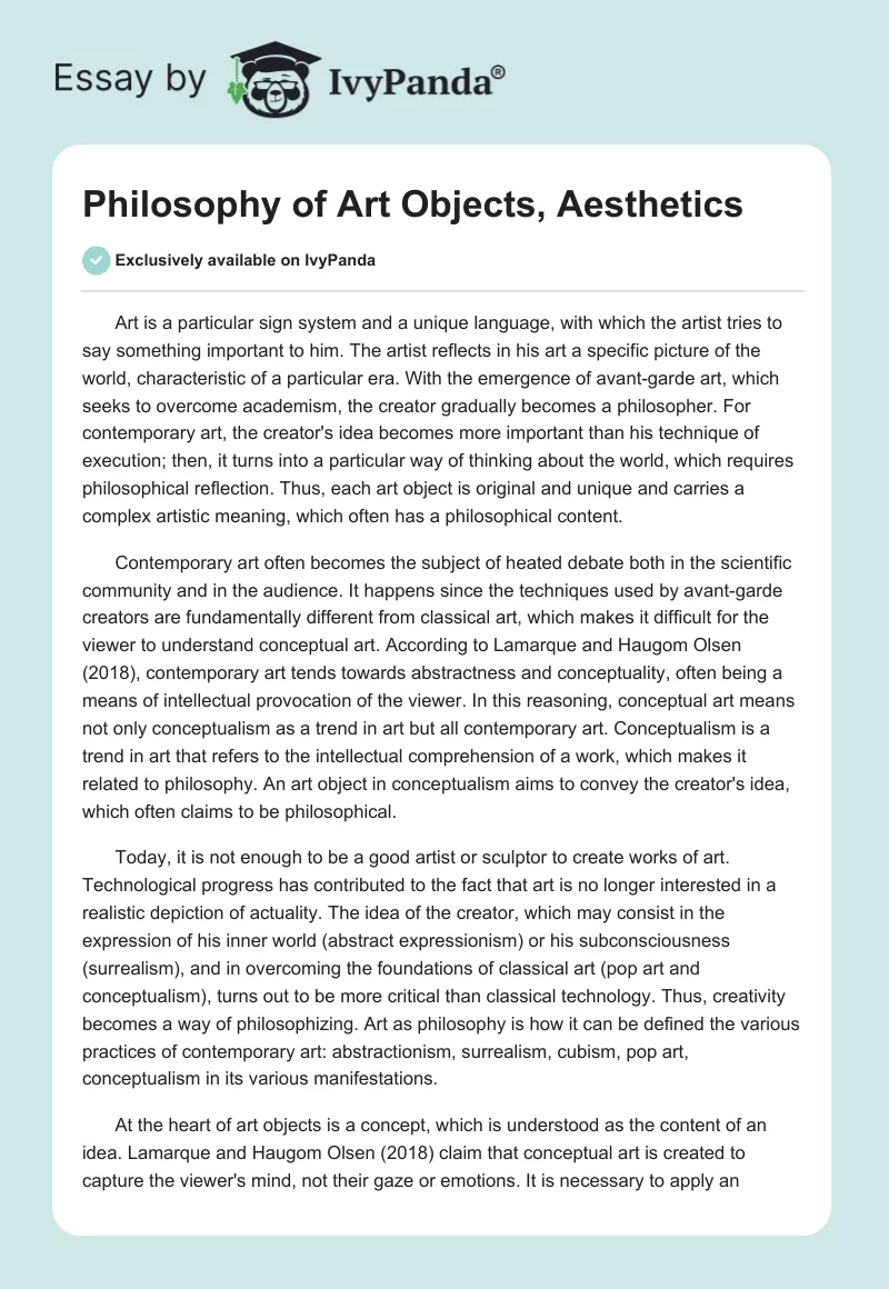 Philosophy of Art Objects, Aesthetics. Page 1