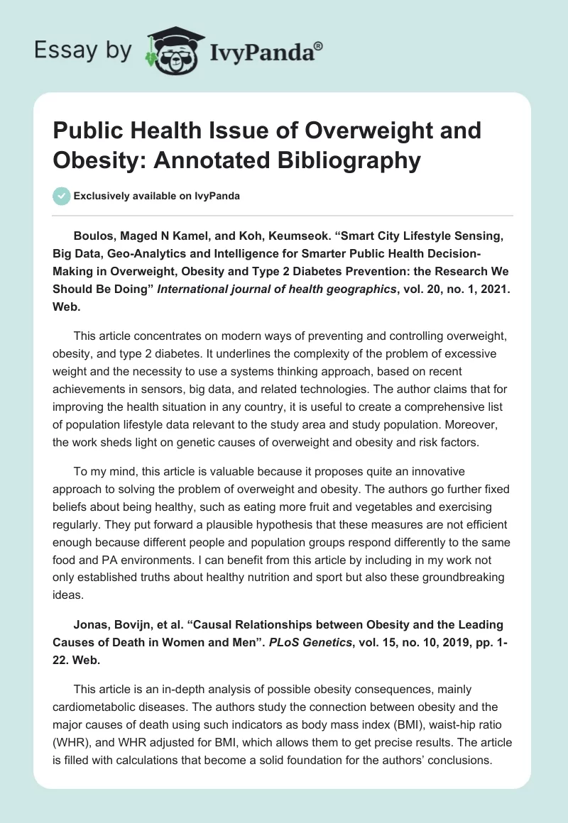 Public Health Issue of Overweight and Obesity: Annotated Bibliography. Page 1