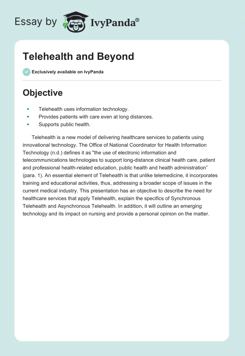 Telehealth and Beyond. Page 1
