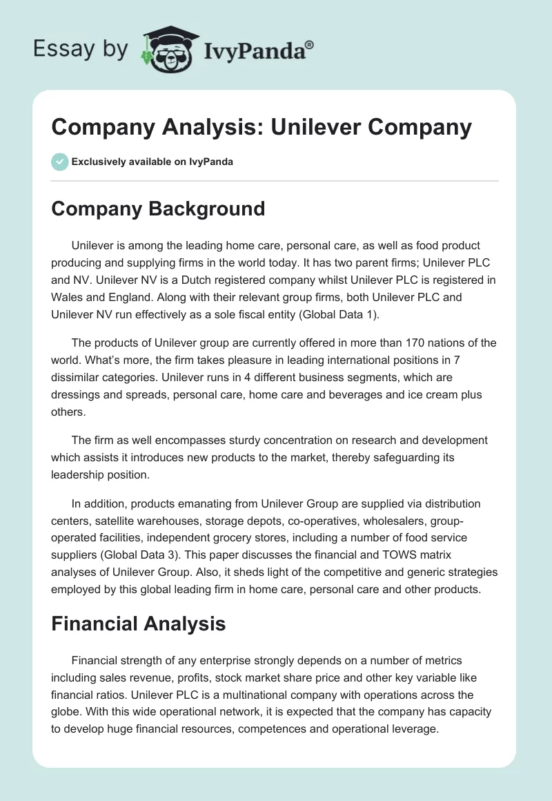Company Analysis: Unilever Company. Page 1