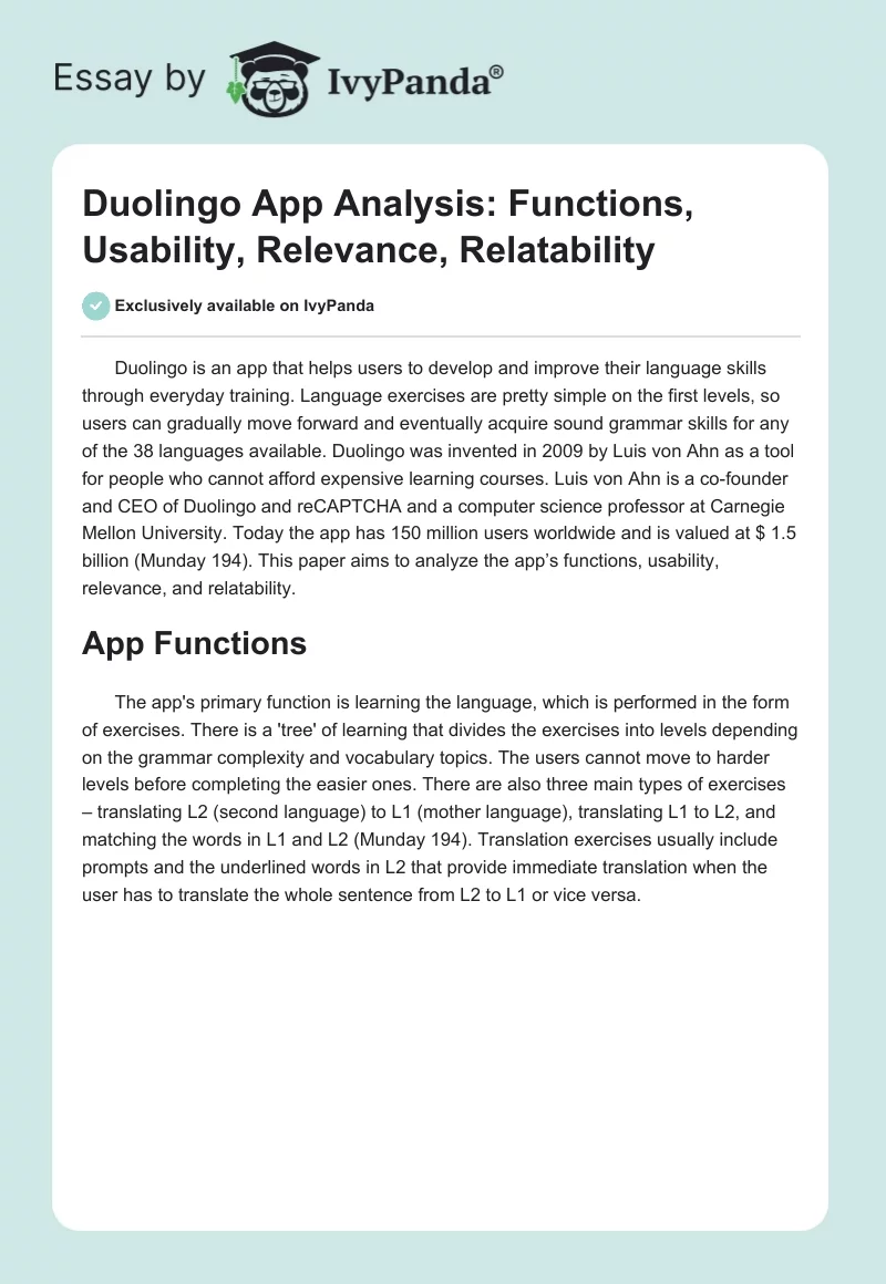 Duolingo App Analysis: Functions, Usability, Relevance, Relatability. Page 1