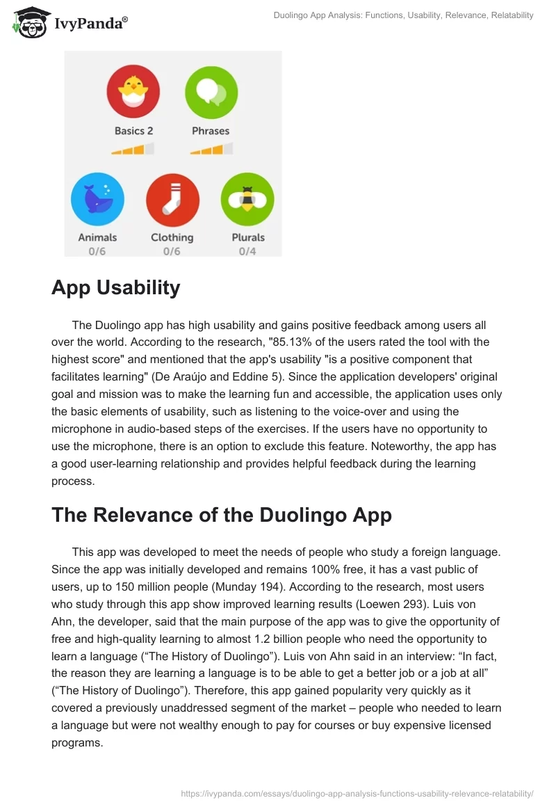 Duolingo App Analysis: Functions, Usability, Relevance, Relatability. Page 2