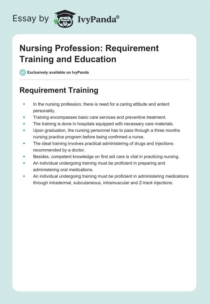 Nursing Profession: Requirement Training and Education. Page 1