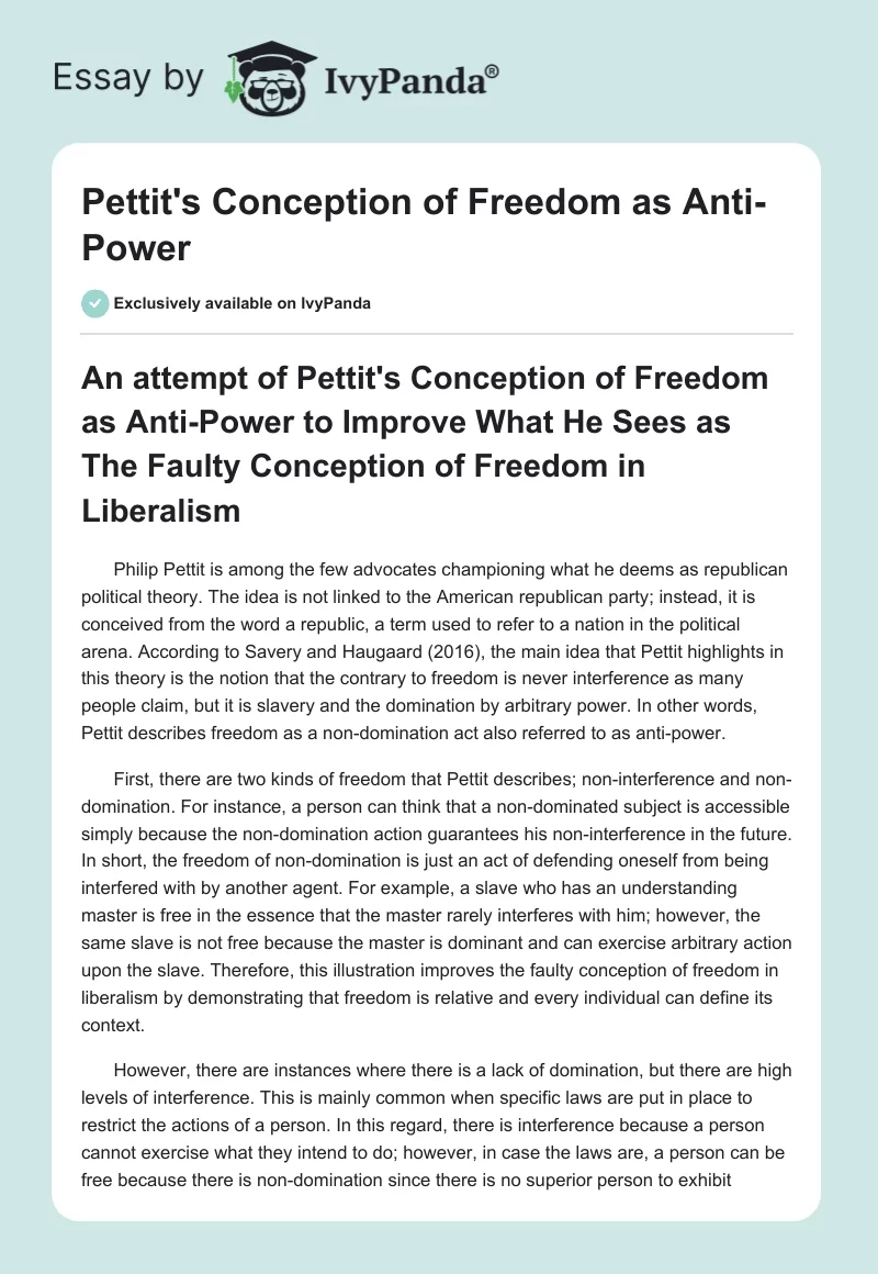 Pettit's Conception of Freedom as Anti-Power. Page 1
