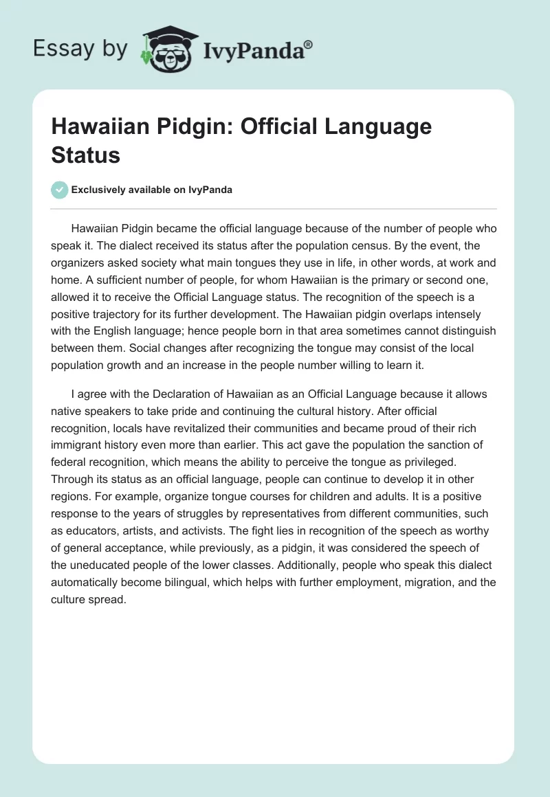 Hawaiian Pidgin: Official Language Status. Page 1