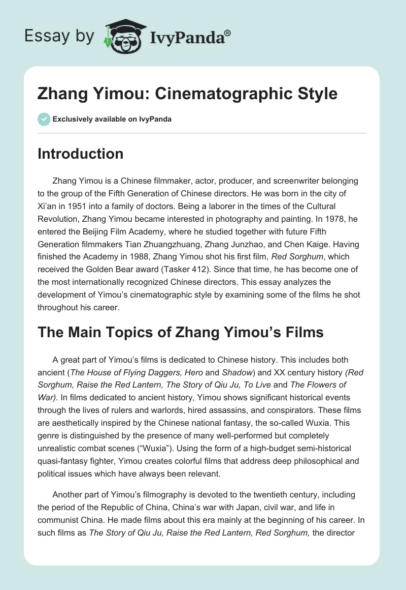 Zhang Yimou: Cinematographic Style. Page 1