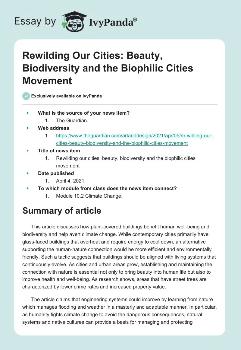 Rewilding Our Cities: Beauty, Biodiversity and the Biophilic Cities Movement. Page 1