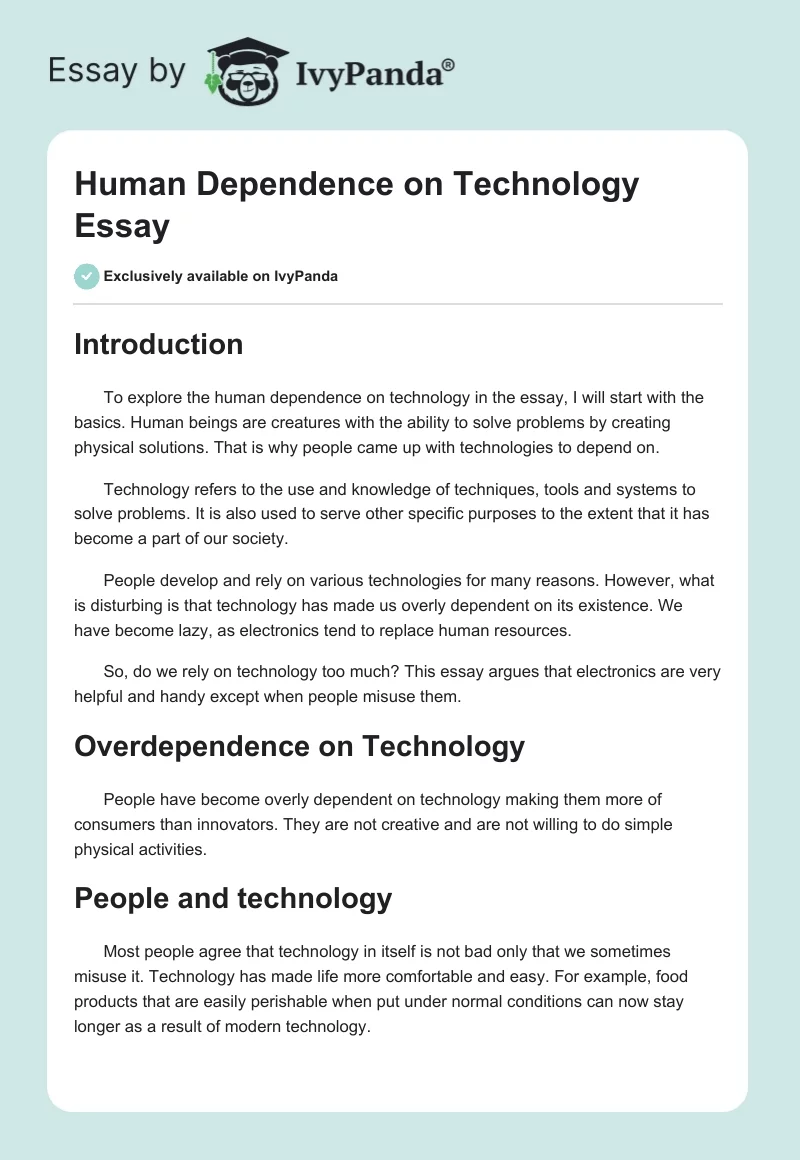 Human Dependence on Technology Essay. Page 1