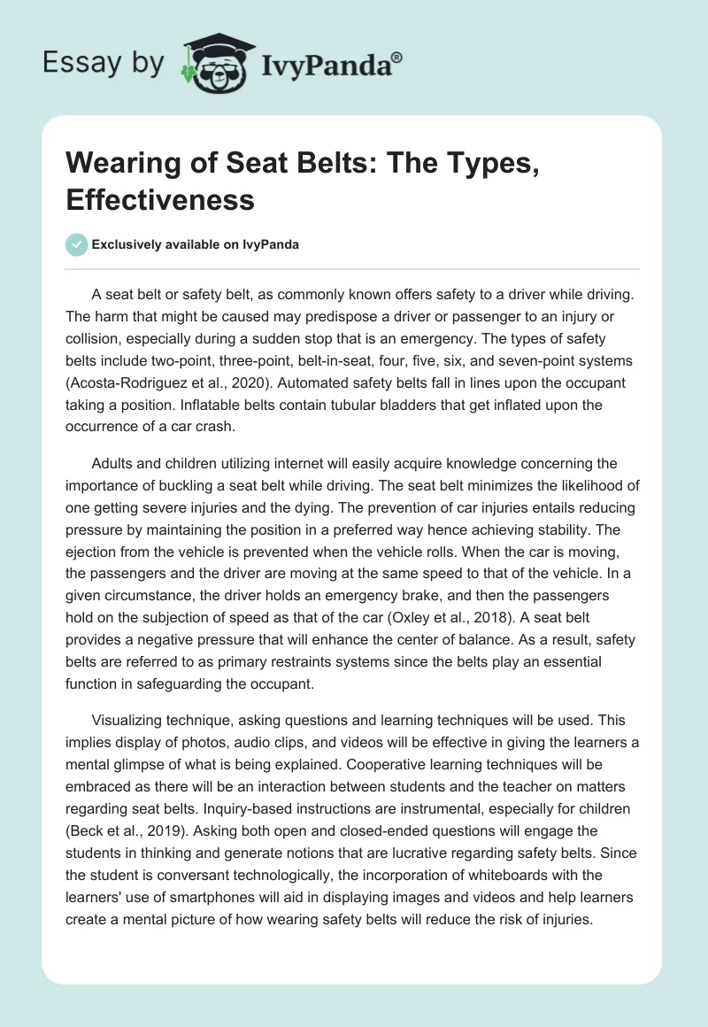 Wearing of Seat Belts: The Types, Effectiveness. Page 1