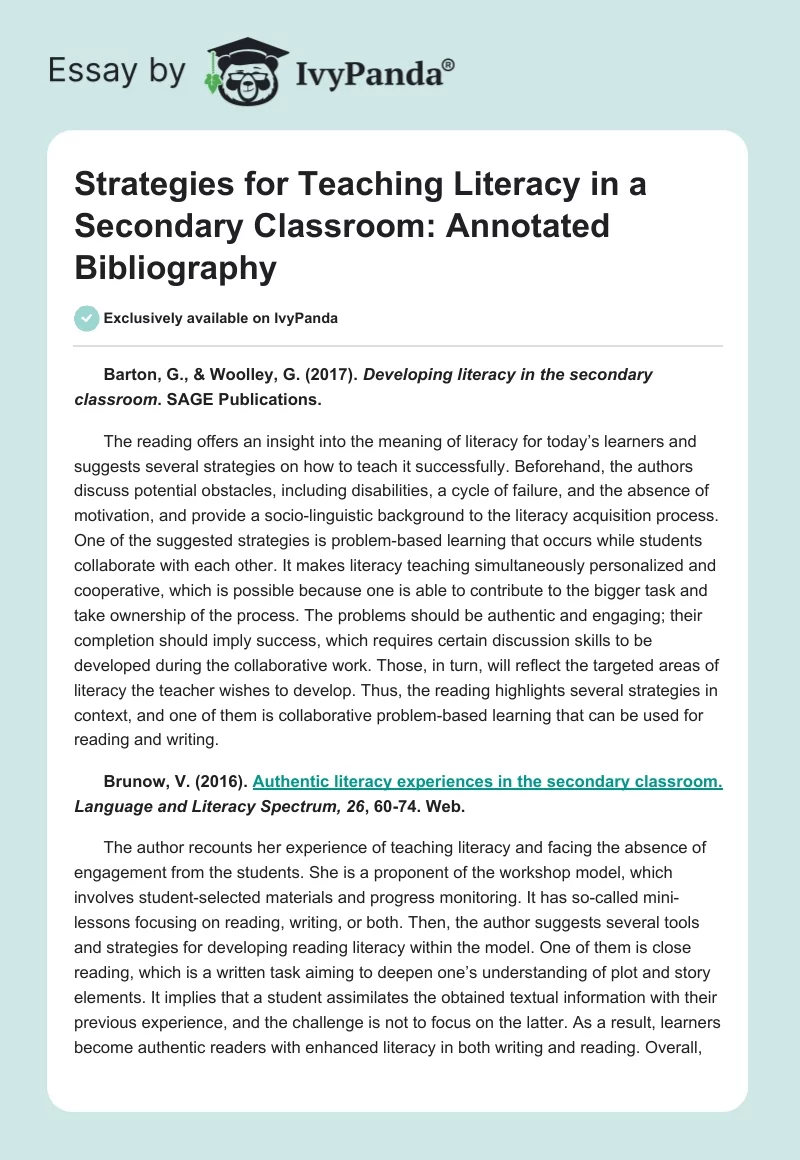 Strategies for Teaching Literacy in a Secondary Classroom: Annotated Bibliography. Page 1