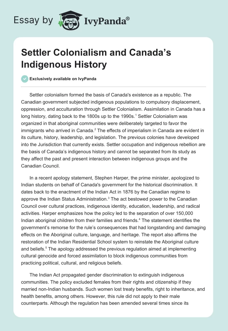 Settler Colonialism and Canada’s Indigenous History. Page 1