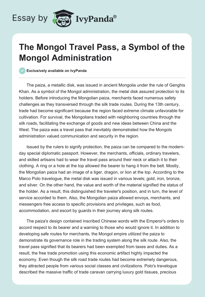 The Mongol Travel Pass, a Symbol of the Mongol Administration. Page 1