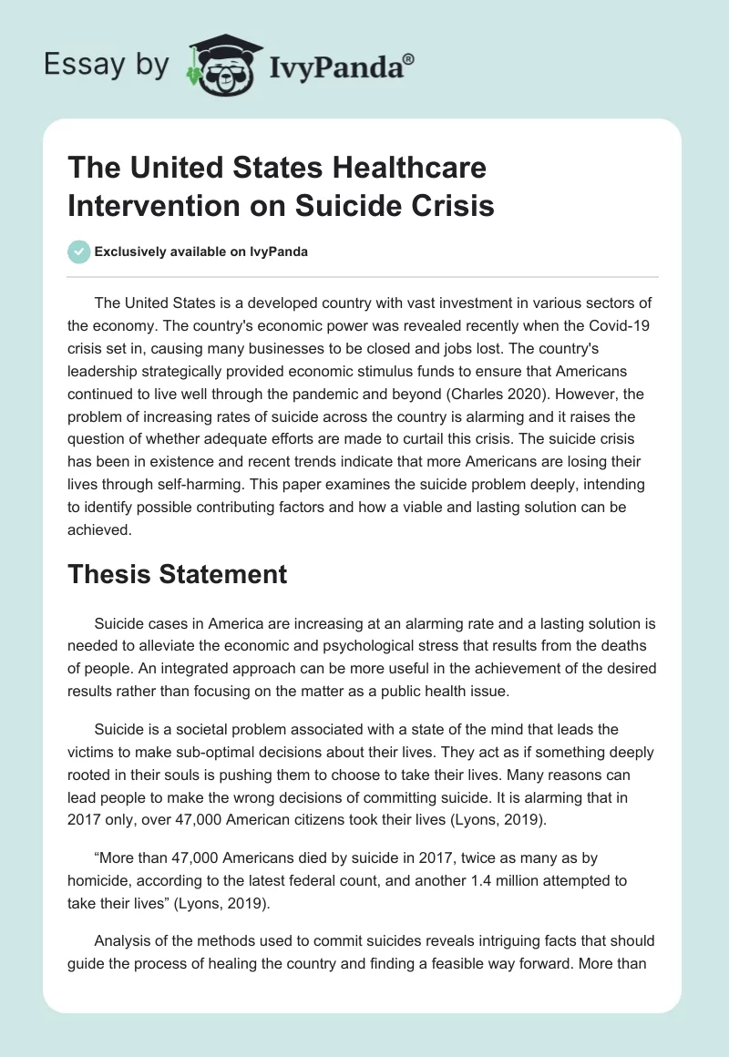 The United States Healthcare Intervention on Suicide Crisis. Page 1