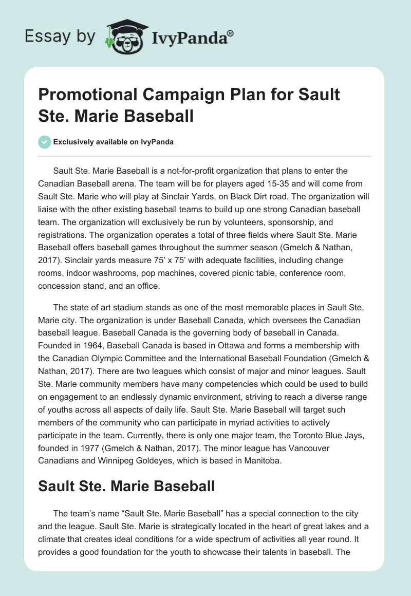 Promotional Campaign Plan for Sault Ste. Marie Baseball. Page 1
