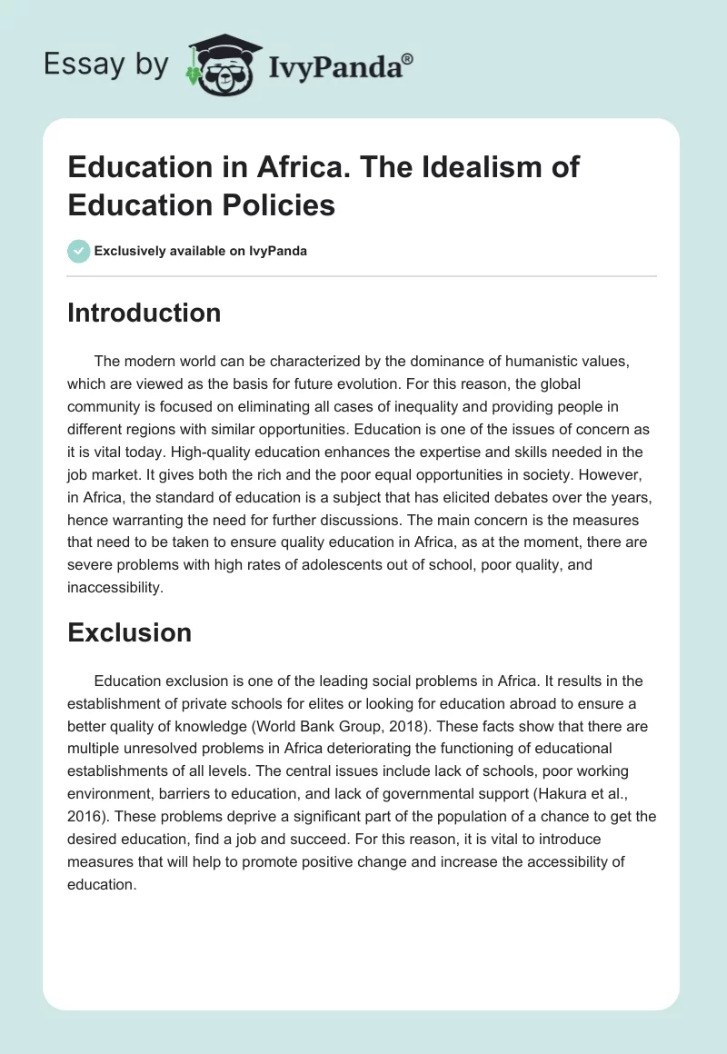 Education in Africa. The Idealism of Education Policies. Page 1