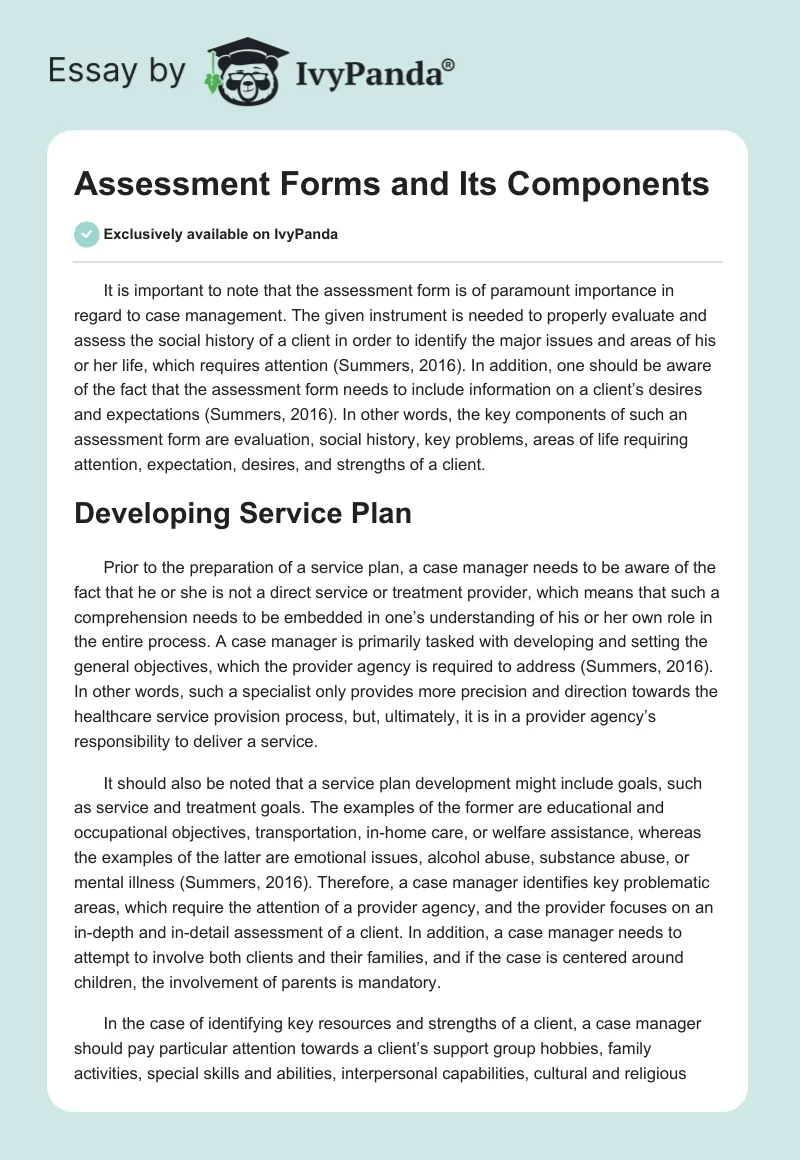 Assessment Forms and Its Components. Page 1