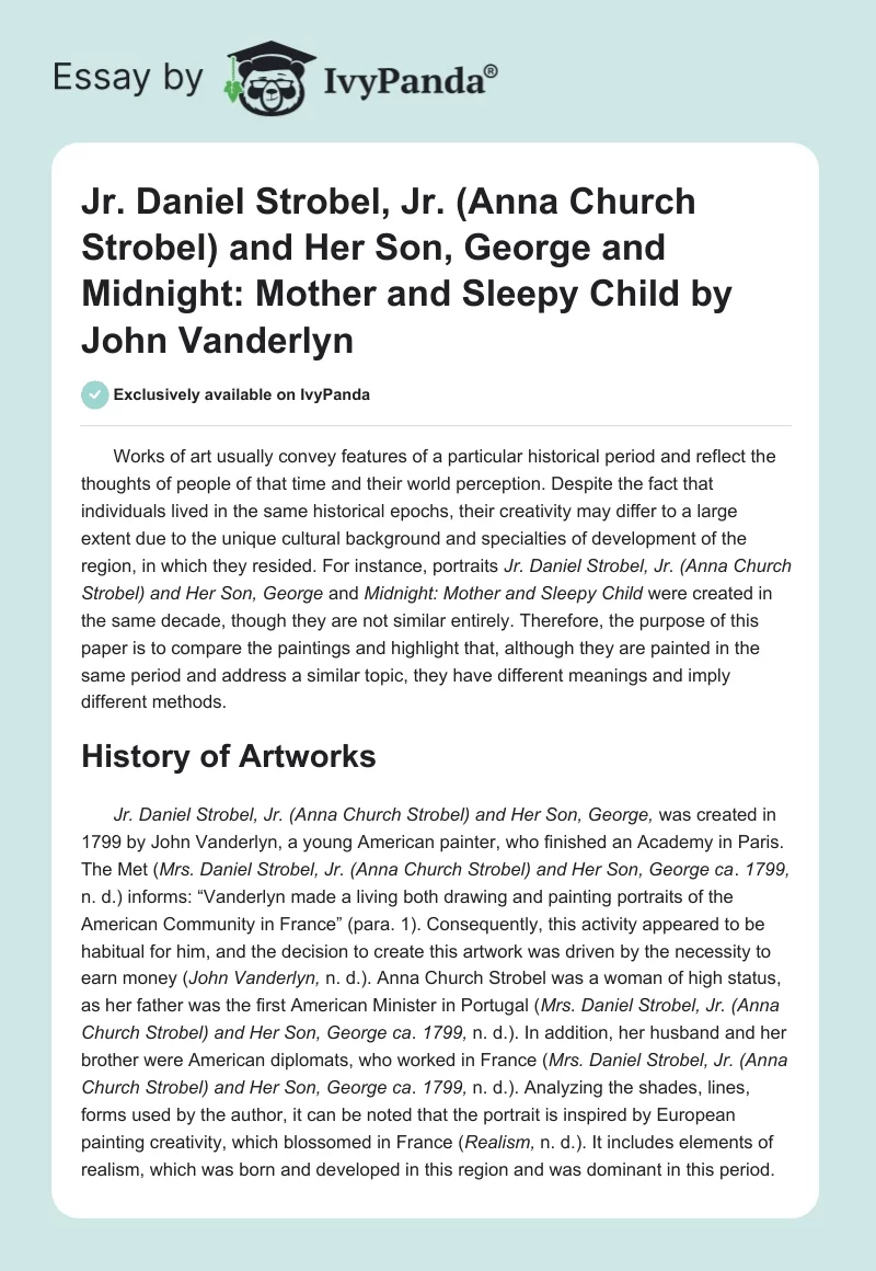 Jr. Daniel Strobel, Jr. (Anna Church Strobel) and Her Son, George and Midnight: Mother and Sleepy Child by John Vanderlyn. Page 1