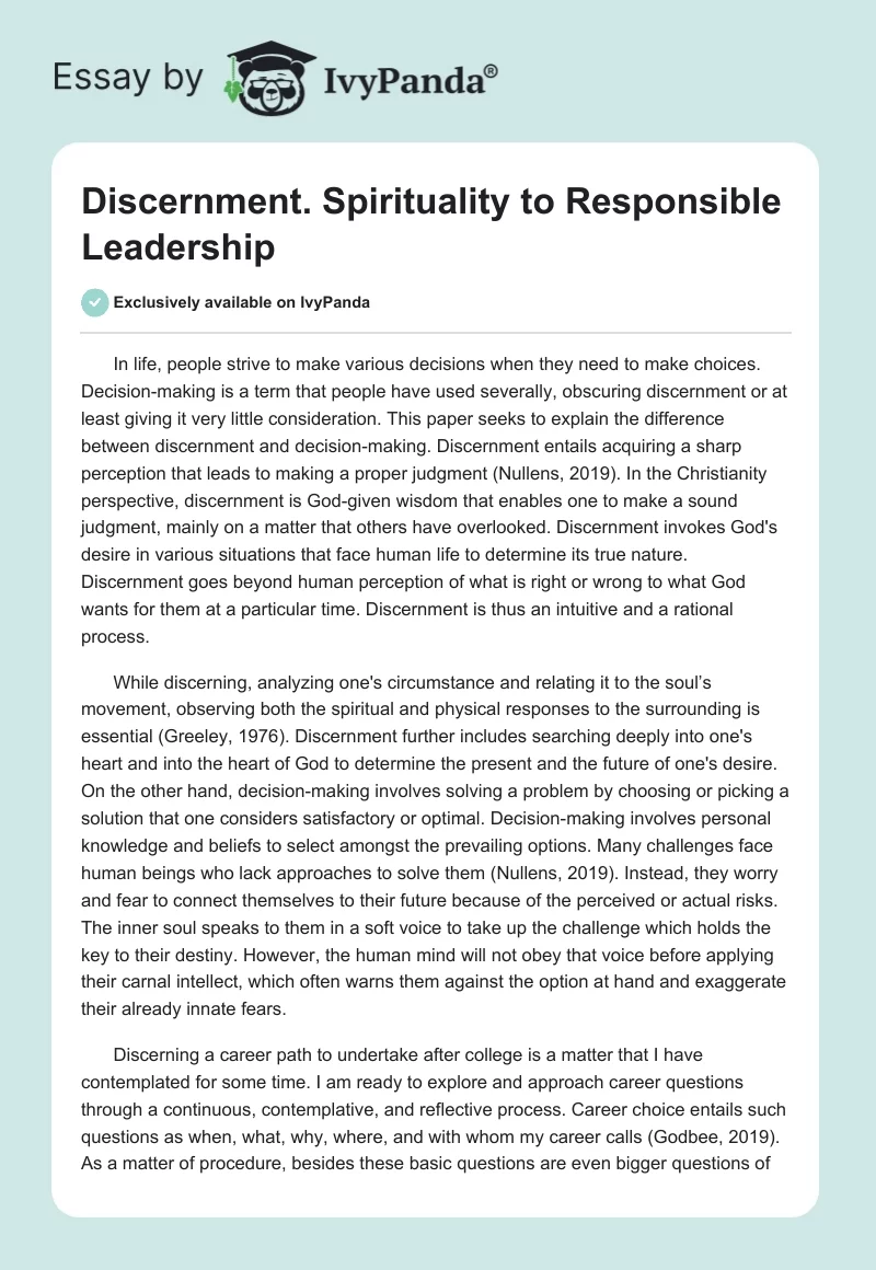 Discernment. Spirituality to Responsible Leadership. Page 1