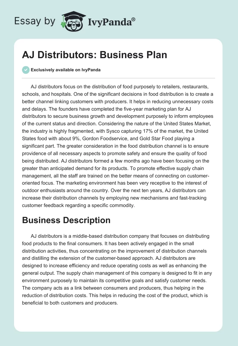 AJ Distributors: Business Plan. Page 1