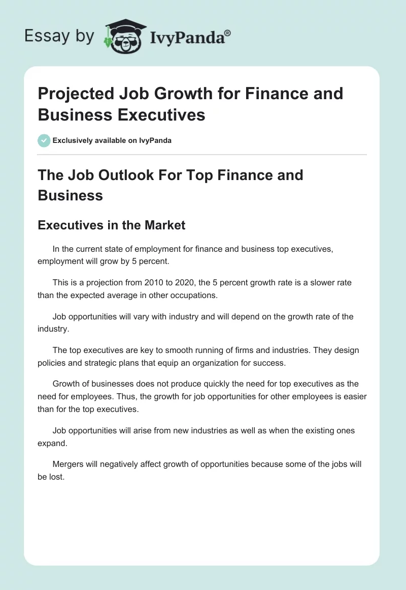 Projected Job Growth for Finance and Business Executives. Page 1