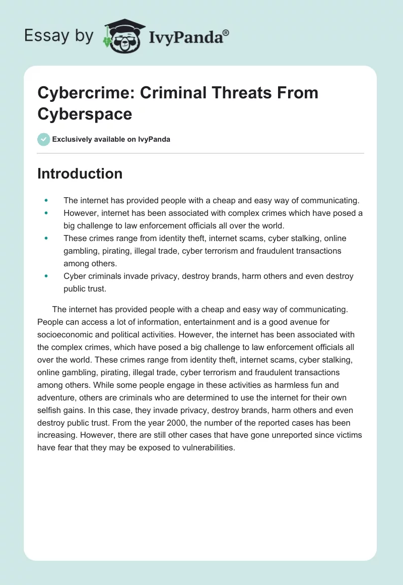 Cybercrime: Criminal Threats From Cyberspace. Page 1
