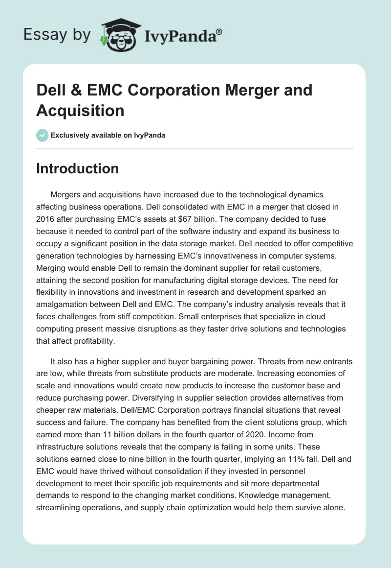 Dell & EMC Corporation Merger and Acquisition. Page 1