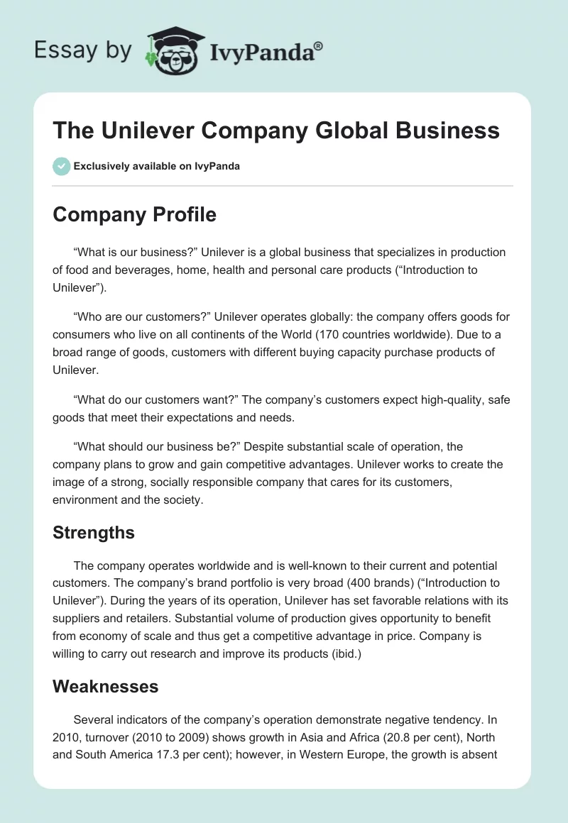 The Unilever Company Global Business. Page 1